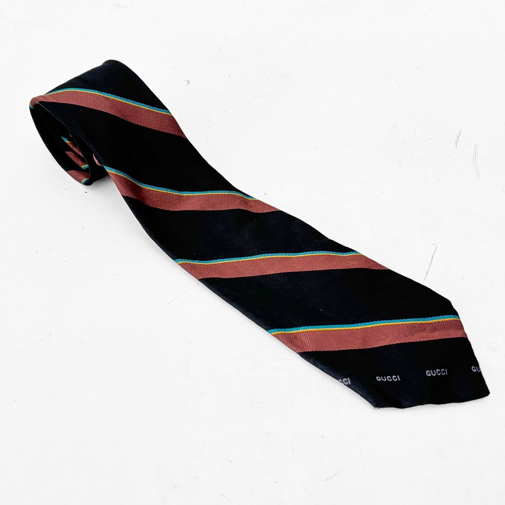 VTG 70s Gucci Mens Silk Necktie Logo Navy Blue Gold Repp Striped Made in Italy